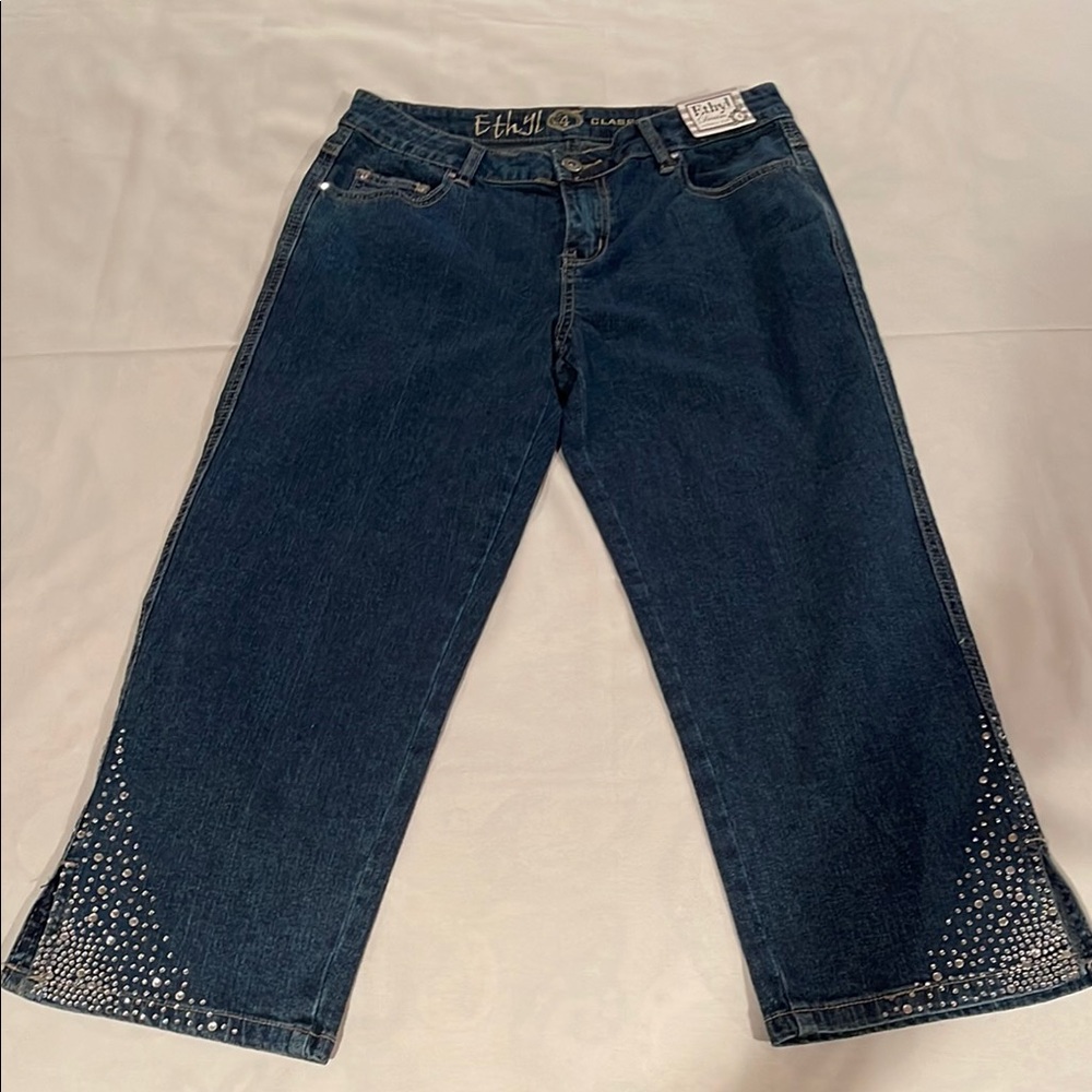 NWT Ethyl Rhinestone Blue Embellished Capri Jeans